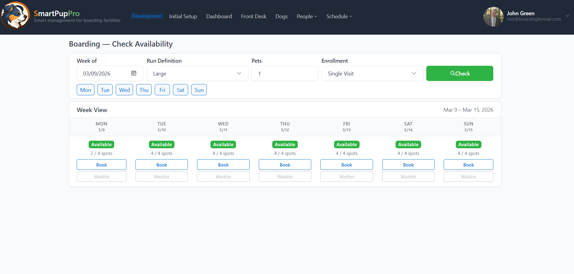 SmartPupPro boarding availablity screenshot